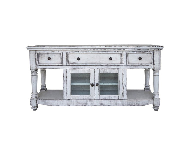 70" White Solid Wood Open shelving Distressed TV Stand HomeRoots