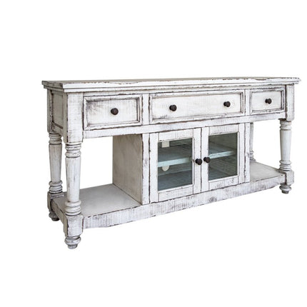 70" White Solid Wood Open shelving Distressed TV Stand HomeRoots