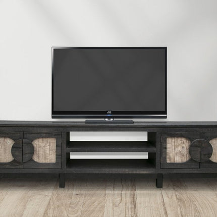 93" Black Solid Wood Cabinet Enclosed Storage Distressed TV Stand HomeRoots