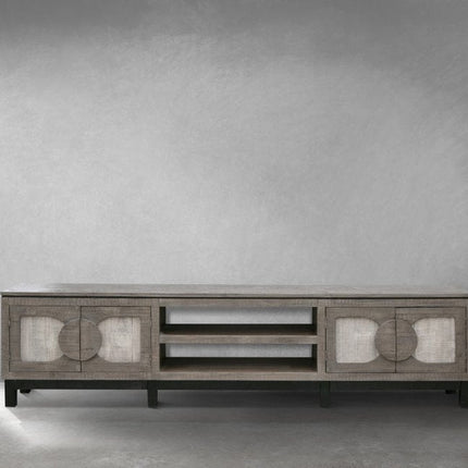 93" Gray Solid Wood Cabinet Enclosed Storage Distressed TV Stand HomeRoots