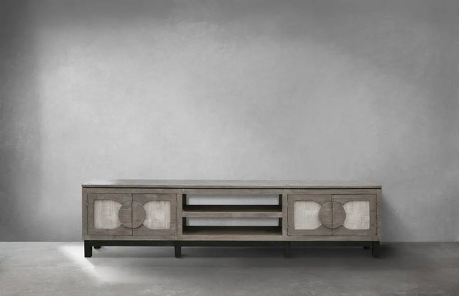93" Gray Solid Wood Cabinet Enclosed Storage Distressed TV Stand HomeRoots