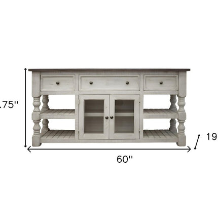 60" Ivory Solid Wood Open shelving Distressed TV Stand