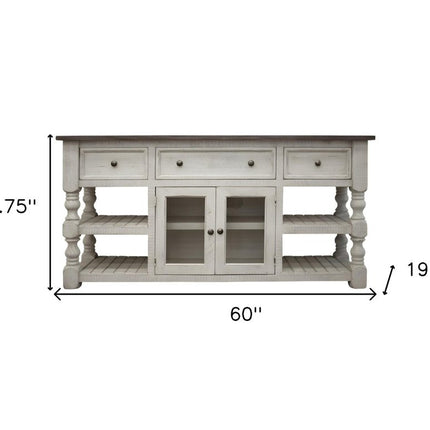 60" Ivory Solid Wood Open shelving Distressed TV Stand HomeRoots