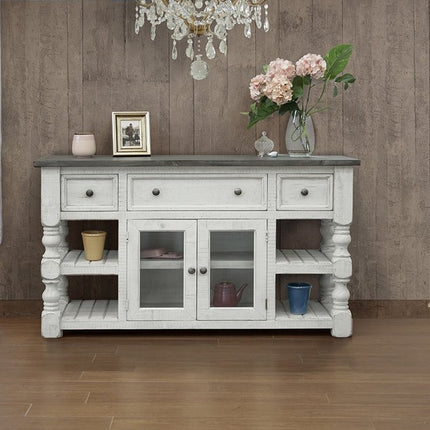 60" Ivory Solid Wood Open shelving Distressed TV Stand