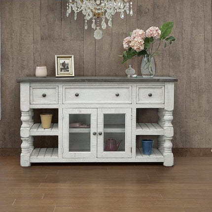 60" Ivory Solid Wood Open shelving Distressed TV Stand HomeRoots