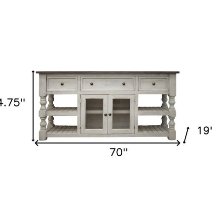 70" Ivory Solid Wood Open shelving Distressed TV Stand HomeRoots