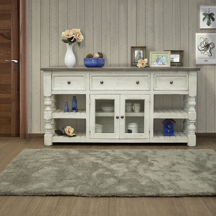70" Ivory Solid Wood Open shelving Distressed TV Stand HomeRoots
