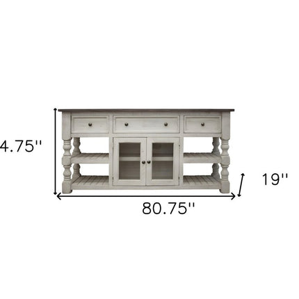 81" Ivory Solid Wood Open shelving Distressed TV Stand