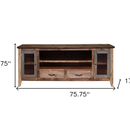 76" Brown Solid Wood Cabinet Enclosed Storage Distressed TV Stand HomeRoots