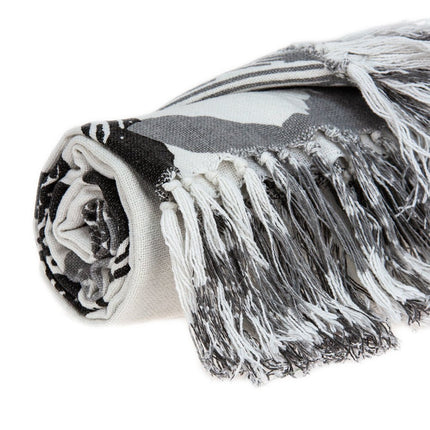52" X 67" Ivory and Gray Woven Cotton Coastal Seashell Throw Blanket with Fringe HomeRoots