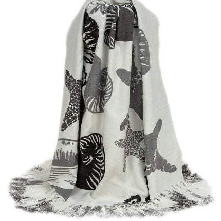 52" X 67" Ivory and Gray Woven Cotton Coastal Seashell Throw Blanket with Fringe HomeRoots