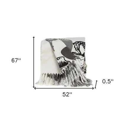 52" X 67" Ivory and Gray Woven Cotton Coastal Seashell Throw Blanket with Fringe HomeRoots