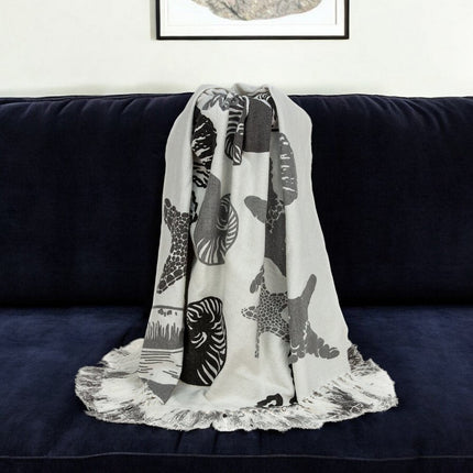 52" X 67" Ivory and Gray Woven Cotton Coastal Seashell Throw Blanket with Fringe HomeRoots