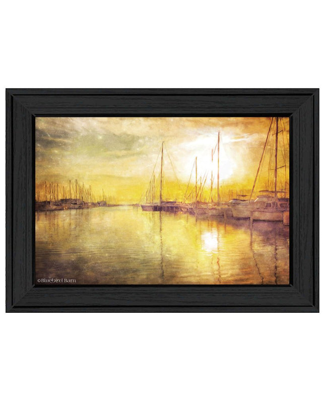 Yellow Sunset Boats In Marina Black Framed Print Wall Art HomeRoots