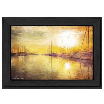 Yellow Sunset Boats In Marina Black Framed Print Wall Art