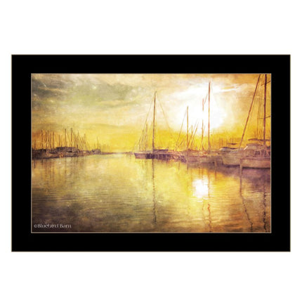 Yellow Sunset Boats In Marina Black Framed Print Wall Art
