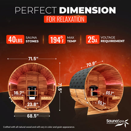 4-6-Person Outdoor Barrel Wet Sauna in White Cedar with ETL-Certified 6.2kW Sauna Rock Heater, and Bitumen Shingle Roof SteamSpa