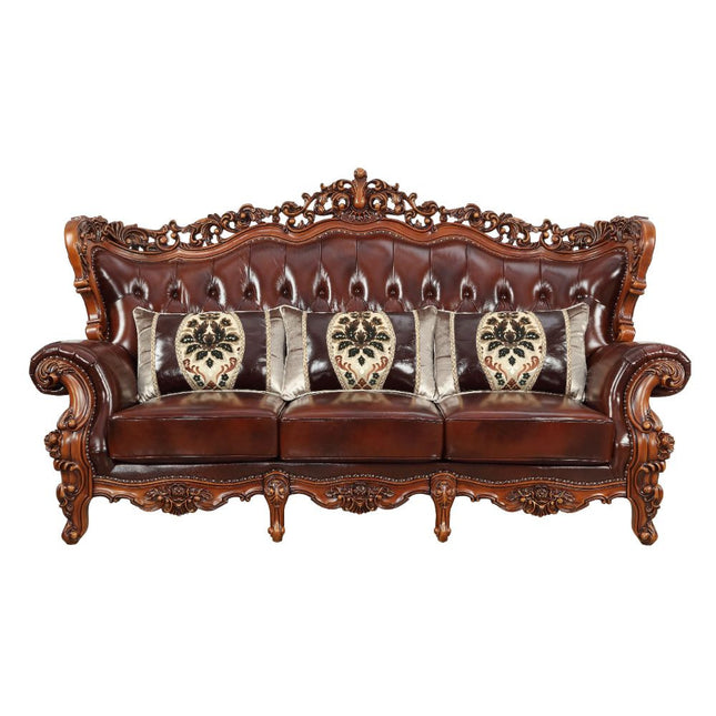 ACME 53065 Eustoma Sofa with 3 Pillows, Cherry Top Grain Leather Match & Walnut (1Set/2Ctn)
