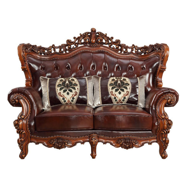 ACME 53066 Eustoma Loveseat with 2 Pillows, Cherry Top Grain Leather Match & Walnut (1Set/2Ctn)