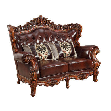 ACME 53066 Eustoma Loveseat with 2 Pillows, Cherry Top Grain Leather Match & Walnut (1Set/2Ctn) ACME Furniture