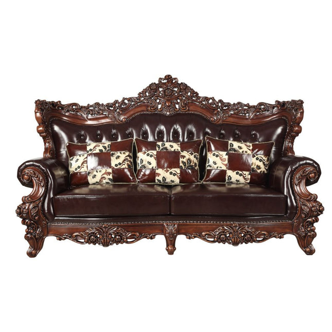 ACME 53070 Forsythia Sofa with 3 Pillows, Espresso Top Grain Leather Match & Walnut (1Set/2Ctn)