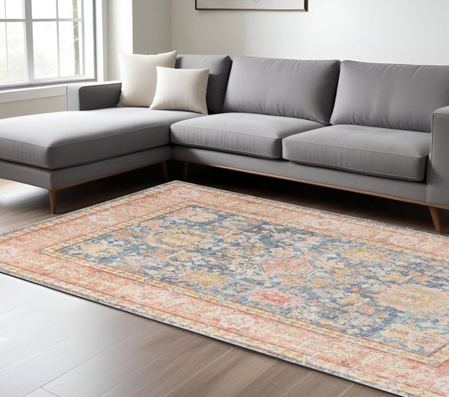 9' X 13' Coral And Blue Oriental Area Rug HomeRoots