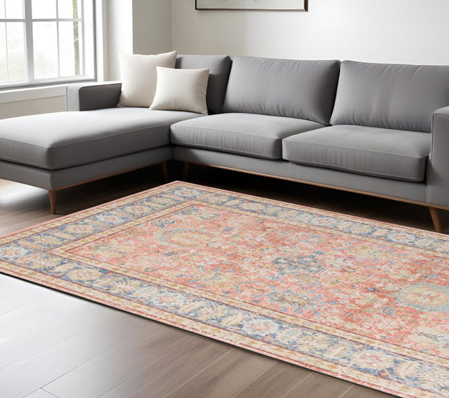 9' X 13' Coral And Blue Oriental Area Rug HomeRoots
