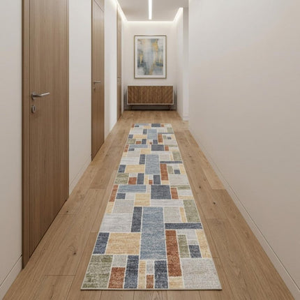 10' Blue And Green Geometric Washable Runner Rug HomeRoots