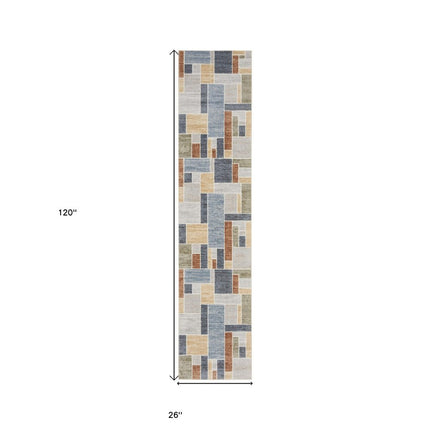 10' Blue And Green Geometric Washable Runner Rug HomeRoots