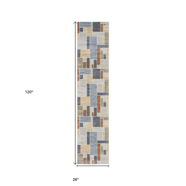 10' Blue And Green Geometric Washable Runner Rug HomeRoots