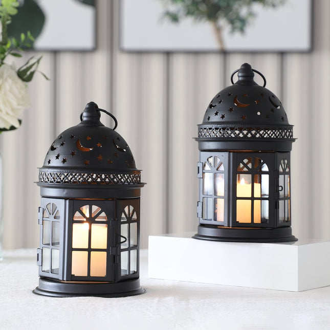 Set of Two Black Metal Celestial Tabletop Lantern Candle Holders HomeRoots