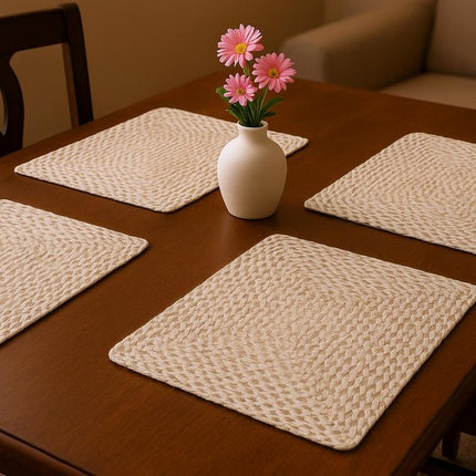 15" Set of Four Ivory And Natural Jute Square Placemats HomeRoots