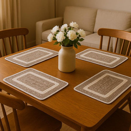 19" Set of Four Natural And Ivory Geometric Braided Jute Placemats