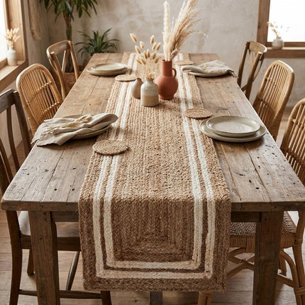 80" Natural And Cream Geometric Bordered Jute Table Runner HomeRoots