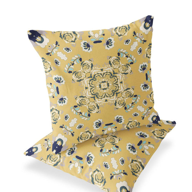 Set of Two Yellow And Blue Botanical Indoor Outdoor Throw Pillow