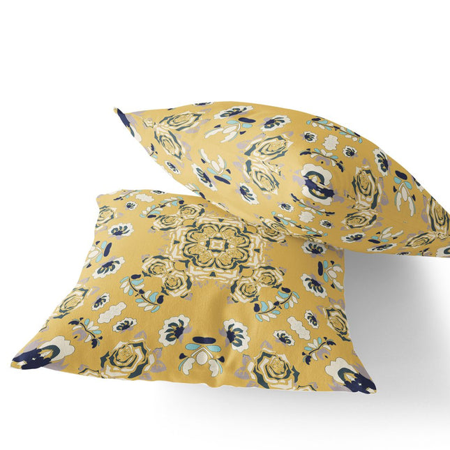 Set of Two Yellow And Blue Botanical Indoor Outdoor Throw Pillow