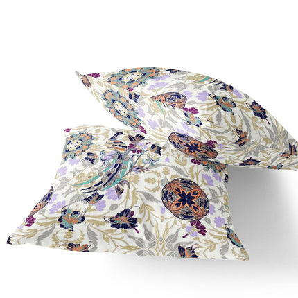 Set of Two White And Purple Peacock Indoor Outdoor Throw Pillow