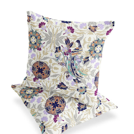 Set of Two White And Purple Peacock Indoor Outdoor Throw Pillow