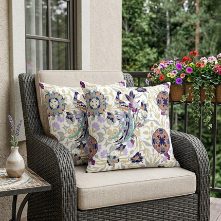 Set of Two White And Purple Peacock Indoor Outdoor Throw Pillow