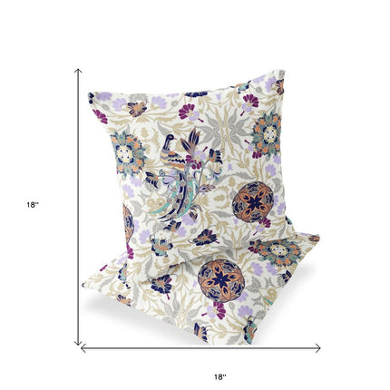 Set of Two White And Purple Peacock Indoor Outdoor Throw Pillow