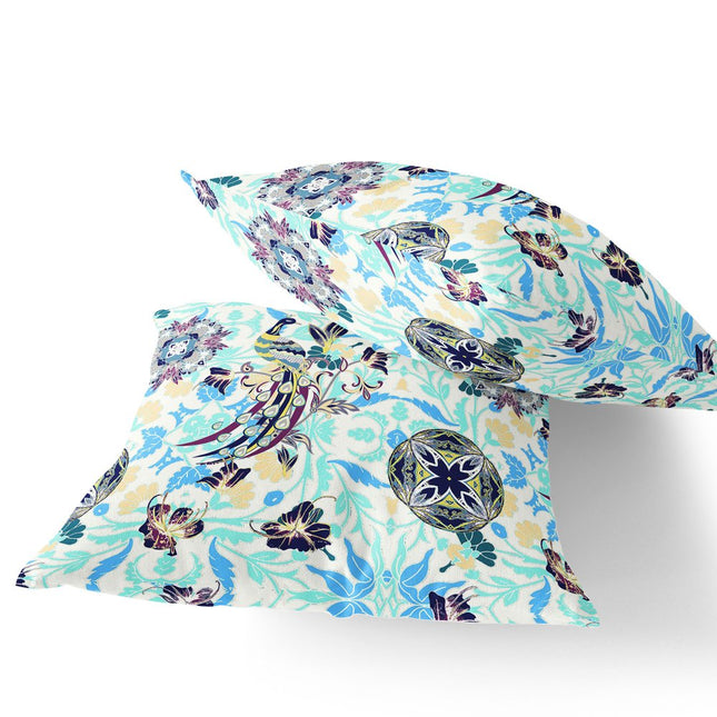 Set of Two White And Blue Peacock Indoor Outdoor Throw Pillow HomeRoots