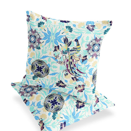 Set of Two White And Blue Peacock Indoor Outdoor Throw Pillow HomeRoots