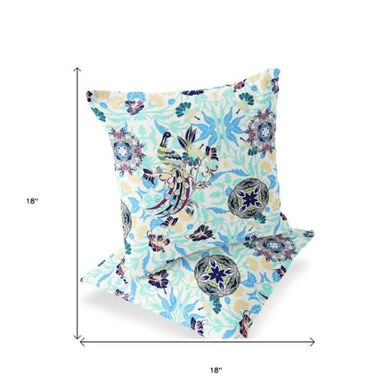 Set of Two White And Blue Peacock Indoor Outdoor Throw Pillow HomeRoots