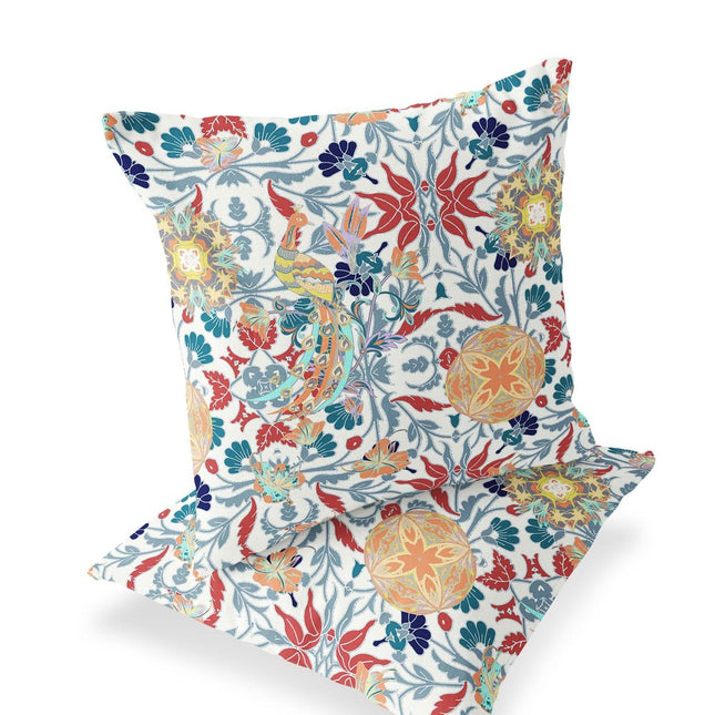 Set of Two White And Red Peacock Indoor Outdoor Throw Pillow