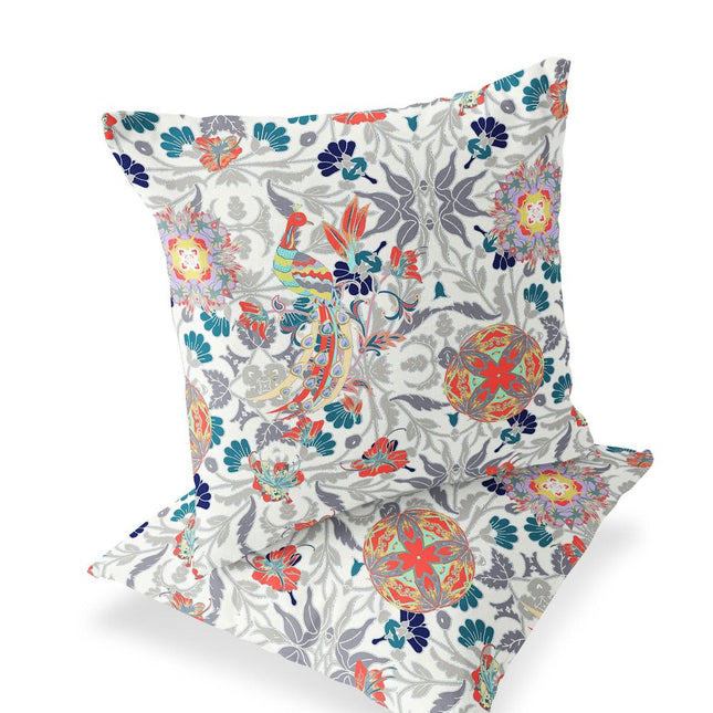 Set of Two White And Orange Peacock Indoor Outdoor Throw Pillow
