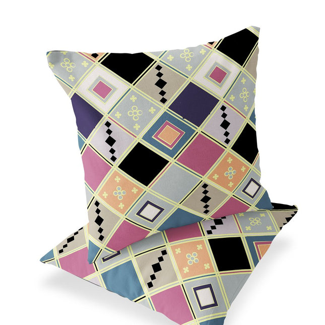 Set of Two Pink And Gold Diamond Indoor Outdoor Throw Pillow