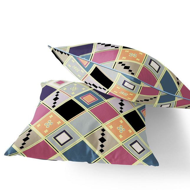Set of Two Pink And Gold Diamond Indoor Outdoor Throw Pillow