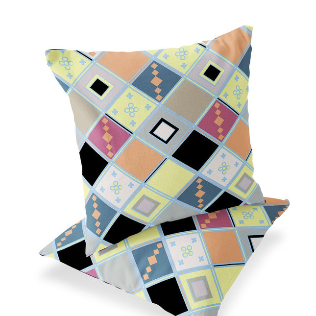 Set of Two Yellow And Pink Diamond Indoor Outdoor Throw Pillow
