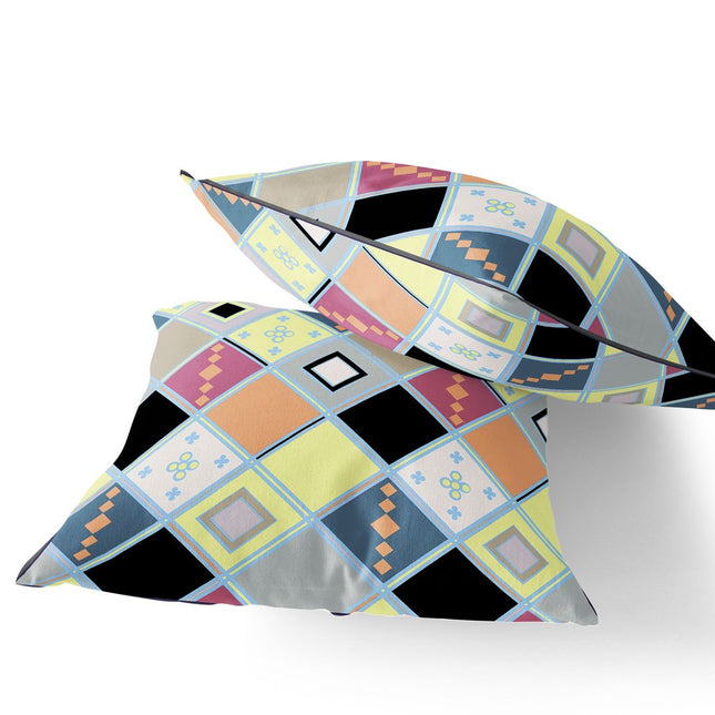Set of Two Yellow And Pink Diamond Indoor Outdoor Throw Pillow