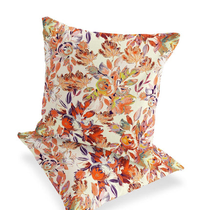 Set of Two Red Orange And Beige Floral Indoor Outdoor Throw Pillow